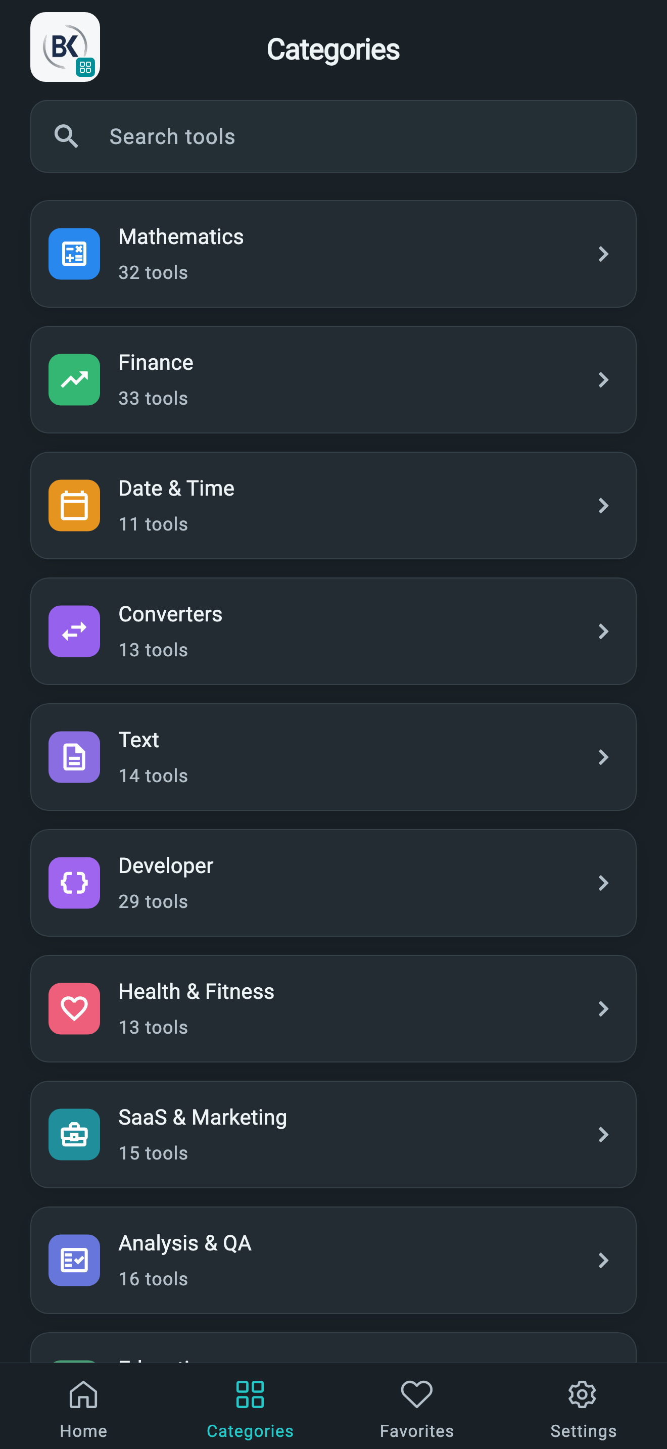 BK Tools categories in dark mode