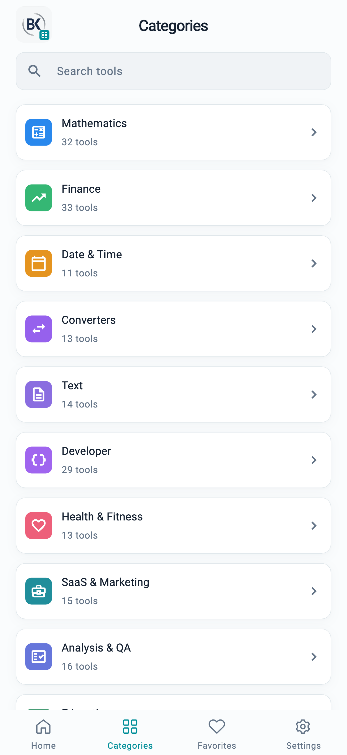 BK Tools categories in light mode