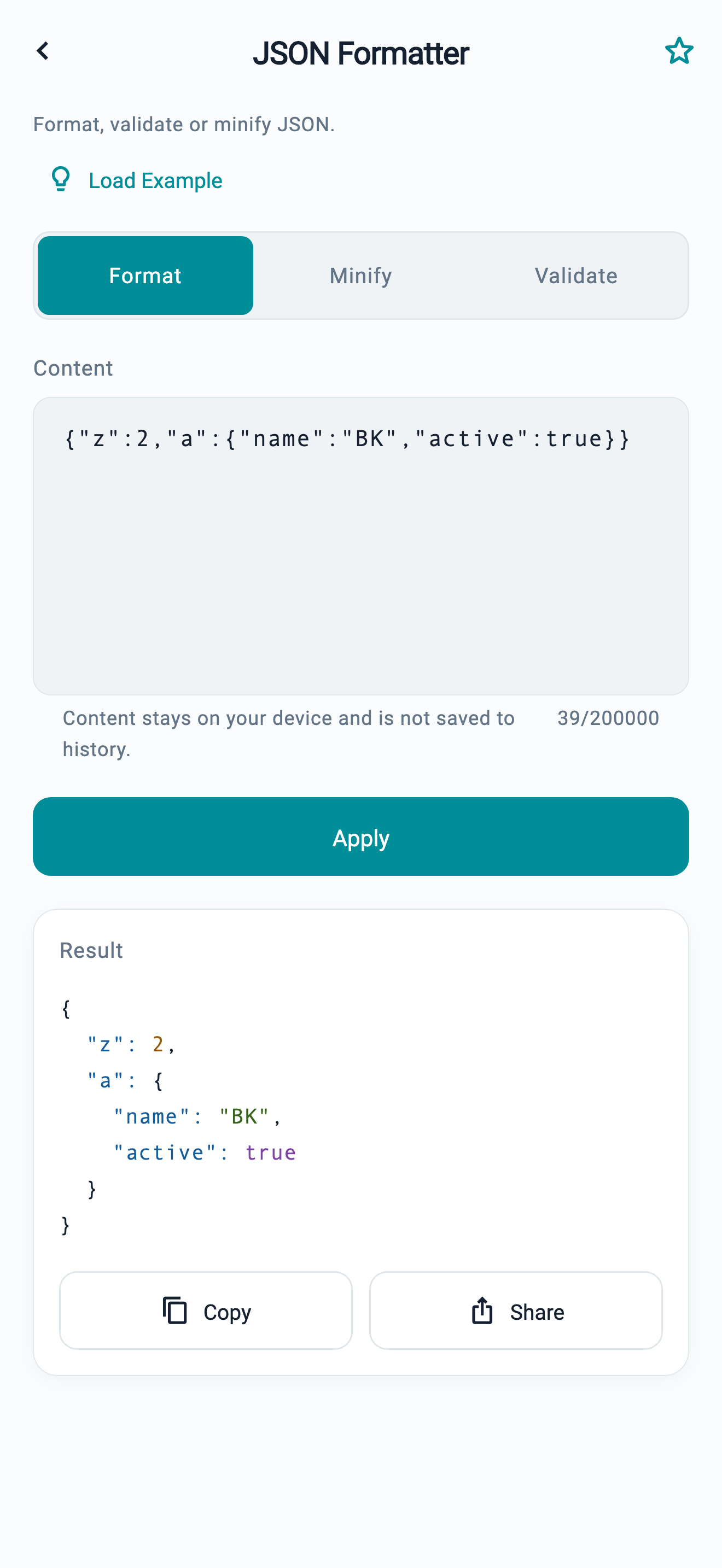 BK Tools JSON formatting screen
