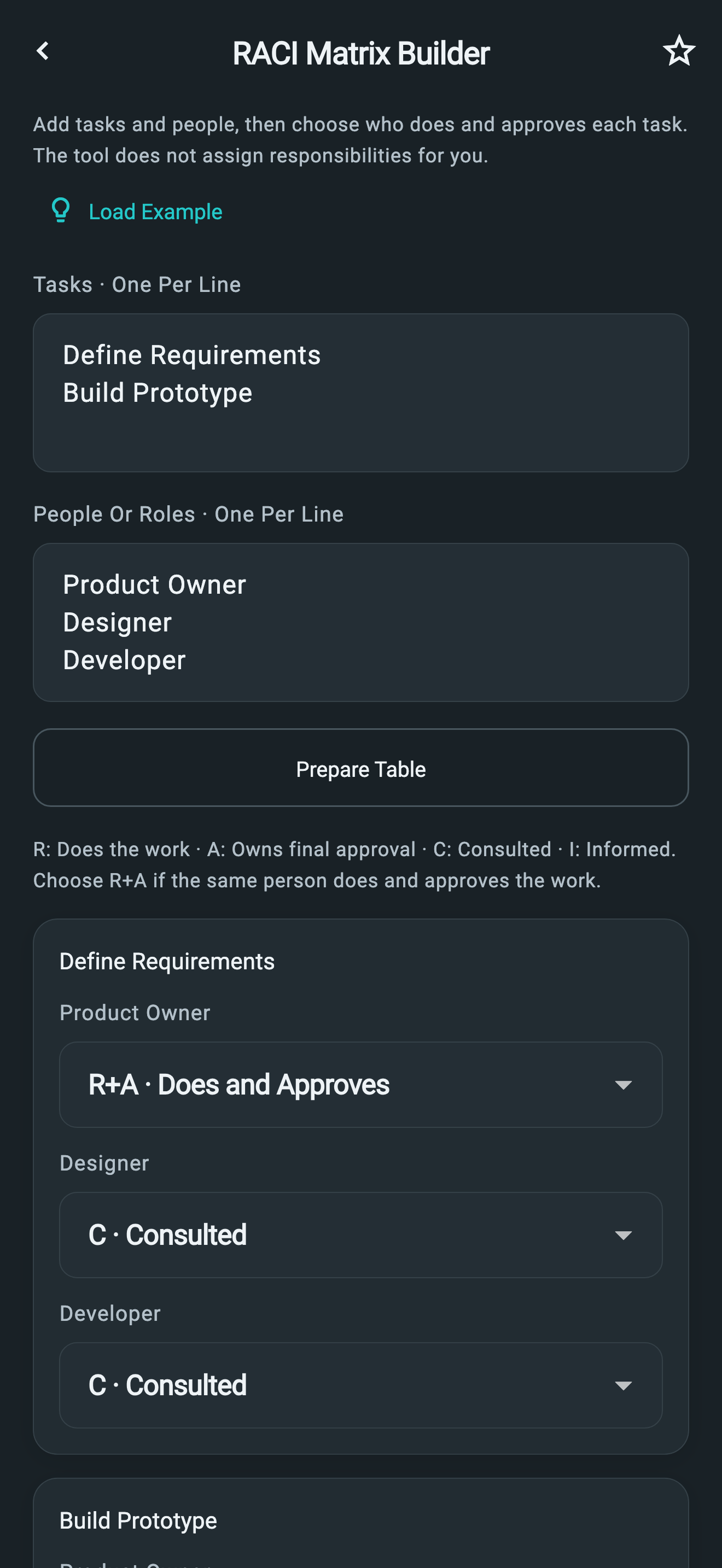 BK Tools RACI Matrix Builder showing tasks and team responsibilities