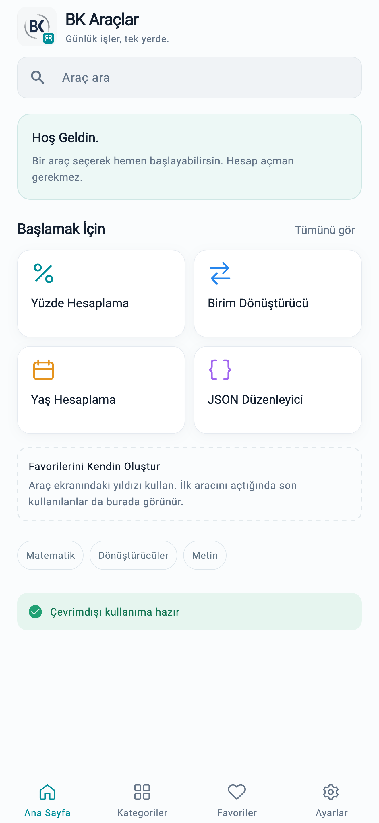 BK Araçlar ana ekranı