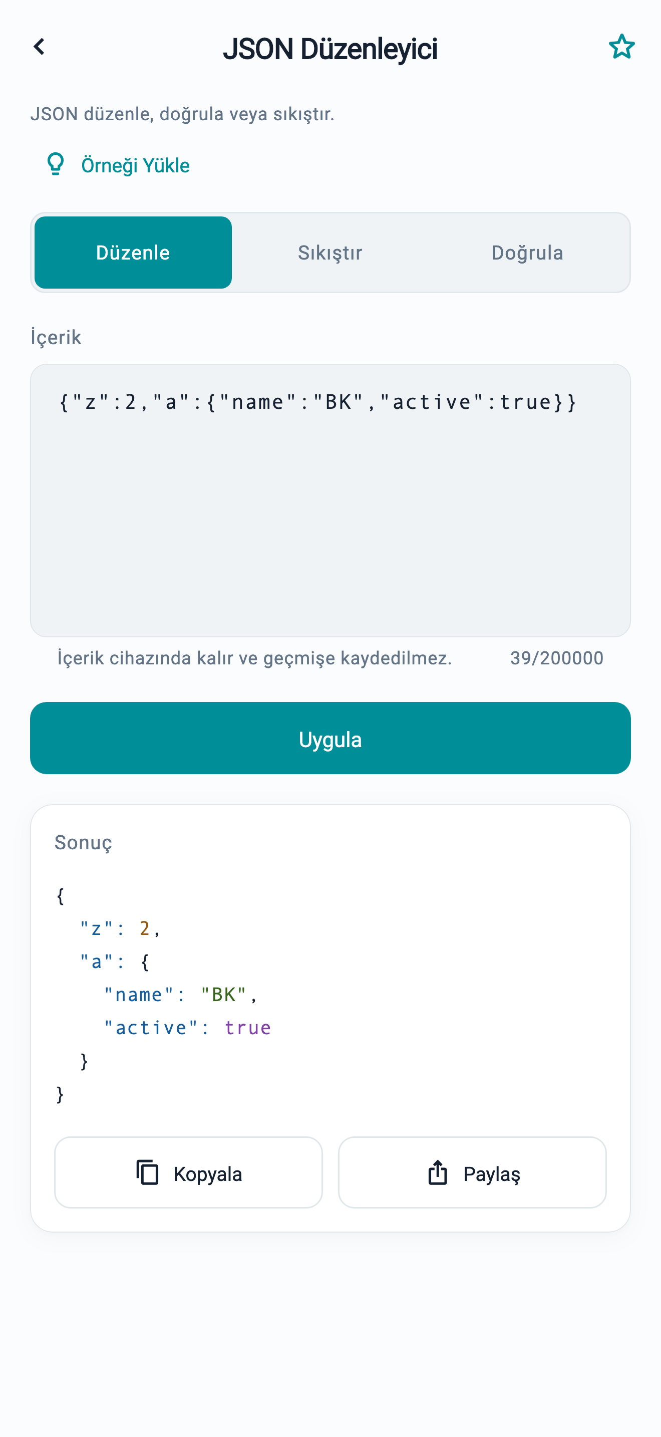 BK Araçlar JSON düzenleme ekranı