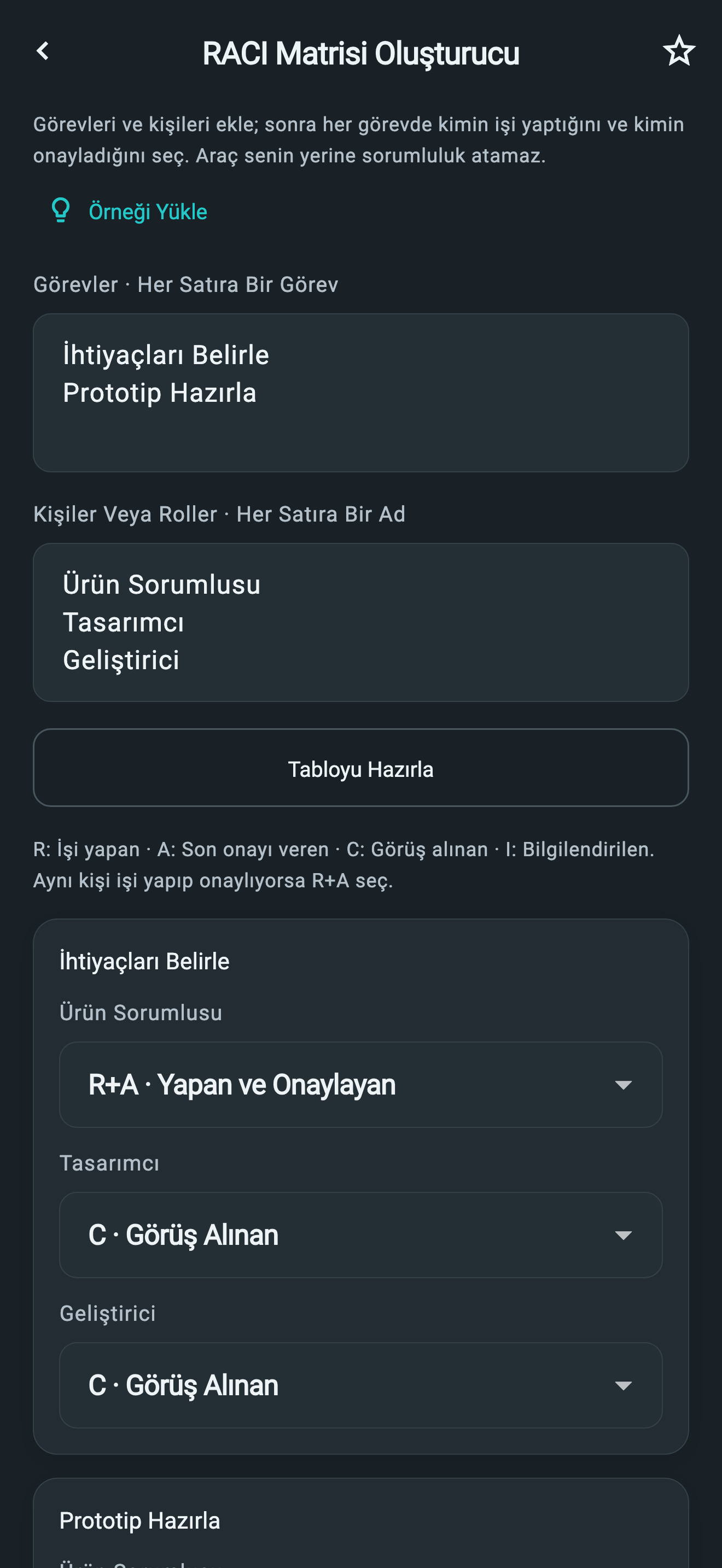 Görev ve ekip sorumluluklarını gösteren BK Araçlar RACI Matrisi Oluşturucu